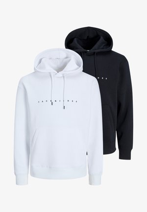 Due felpe: una bianca e una nera. Entrambe hanno una tasca frontale, cordini regolabili e la scritta 'JACK & JONES' stampata in nero sul petto.