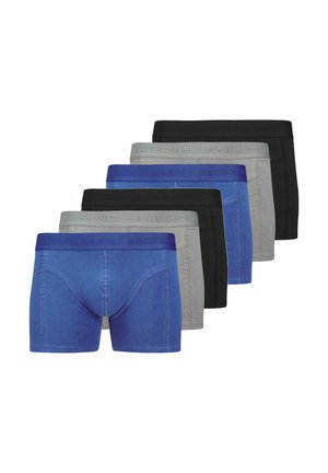 Sieben Paare Herren-Boxershorts in Blau, Grau und Schwarz. Weicher Stoff mit elastischen Taillenbündchen, die den Markennamen in erhabenen Buchstaben zeigen.