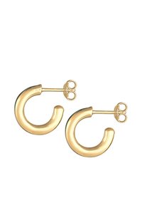 Cercei cu cerc auriu, cu un design rotund și curbat. Făcuți din metal, având o suprafață netedă și lucioasă și un sistem de prindere cu spate sigur.