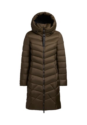 Brązowy ocieplany płaszcz z wysokim kołnierzem, pikowaniem w zygzak, zamek błyskawiczny z przodu i dwoma bocznymi kieszeniami. Posiada zdejmowany kaptur.