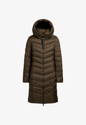 Brązowy ocieplany płaszcz z wysokim kołnierzem, pikowaniem w zygzak, zamek błyskawiczny z przodu i dwoma bocznymi kieszeniami. Posiada zdejmowany kaptur.