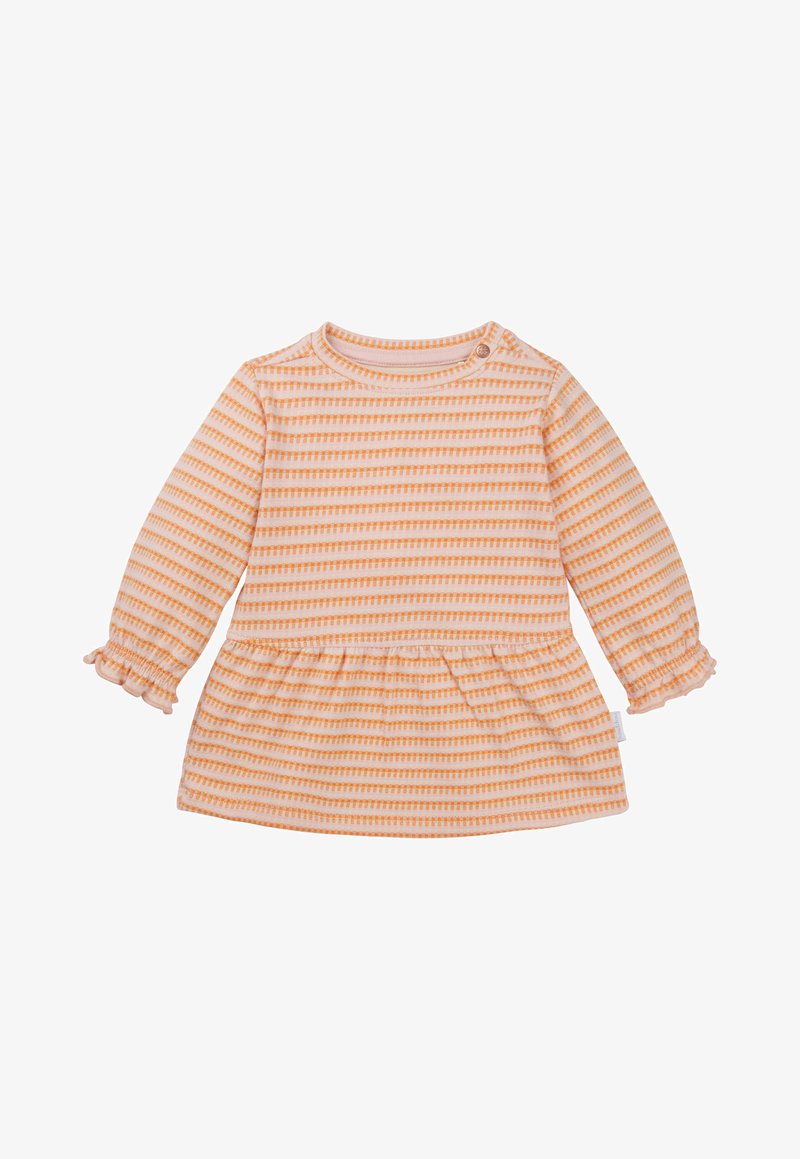 Striped long-sleeve dress in peach and white, featuring a gathered waist, soft fabric, and snap button detail on the shoulder.