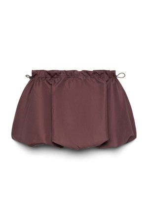 Pochette de taille marron rembourrée avec un haut froncé et des cordons noirs de chaque côté, conçue pour un rangement temporaire ou le transport d'objets.