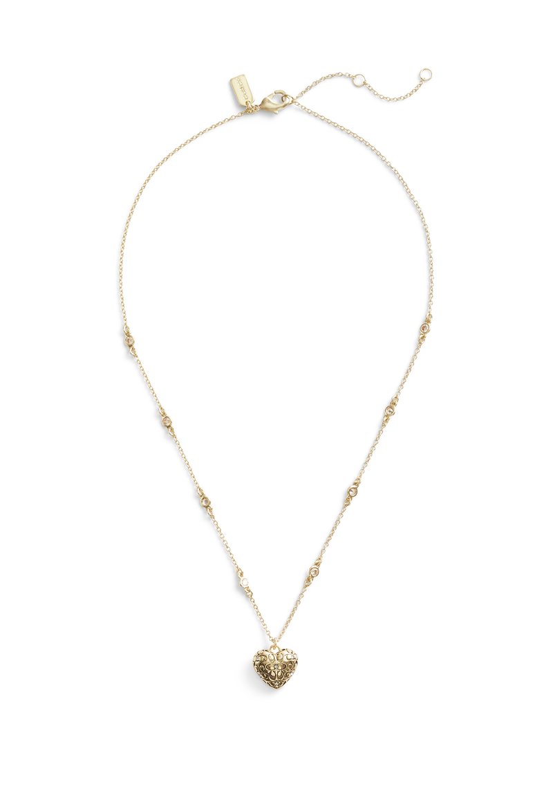Guldkæde med et struktureret hjert charm, der har små dekorative led og en clasps. Hjertet er intrikat designet med et mønster.