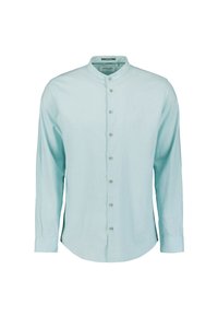 Lichtblauw, lange mouwen, linnenmix overhemd met een mandarinnekraag en knoopsluiting aan de voorkant, ontworpen voor casual of semi-formele kleding.