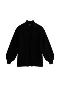 Cardigan nero lavorato a maglia con maniche lunghe a palloncino, design aperto sul davanti e motivo a costine testurizzato su tutta la superficie. Materiale in morbido misto lana.