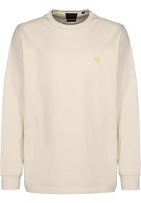 Hellbeiger Pullover mit Rundhalsausschnitt und langen Ärmeln. Verfügt über ein kleines gelbes Logo auf der Brust. Glatte Stoffstruktur.