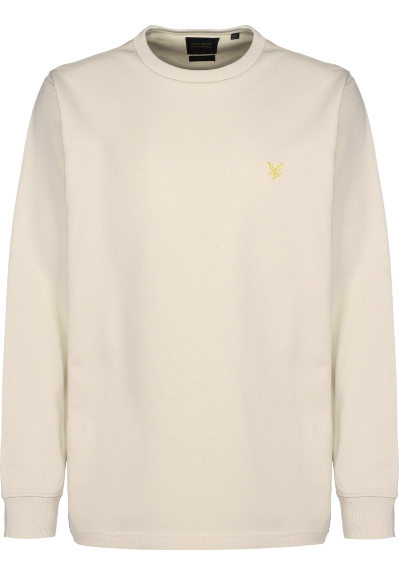 Hellbeiger Pullover mit Rundhalsausschnitt und langen Ärmeln. Verfügt über ein kleines gelbes Logo auf der Brust. Glatte Stoffstruktur.