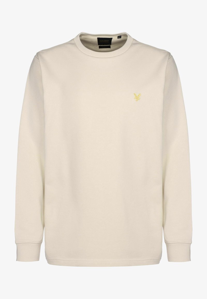 Hellbeiger Pullover mit Rundhalsausschnitt und langen Ärmeln. Verfügt über ein kleines gelbes Logo auf der Brust. Glatte Stoffstruktur.