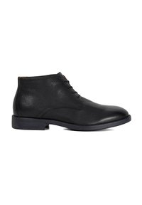 Black leather ankle boots with a smooth texture, round toe, and four eyelets for laces; low heel and subtle stitching detail.