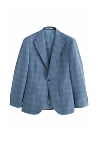 Hellblaues Blazer aus strukturiertem Stoff mit einem dezenten Karomuster, mit Reverskragen, zwei Fronttaschen und Knopfverschluss. Futter im Inneren.