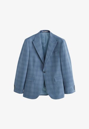 Light blue blazer made of textured fabric with a subtle checked pattern, notched lapels, two front pockets, and button closure. Lined interior.