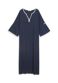 Abito blu navy con scollo a V e dettaglio a occhiello, caratterizzato da rifiniture bianche sul colletto e sulle maniche. Le maniche corte svasate valorizzano il design.