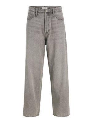 Gray denim jeans with a high waist, wide leg design, subtle whiskering, and five-pocket style. Features metal button closure and belt loops.