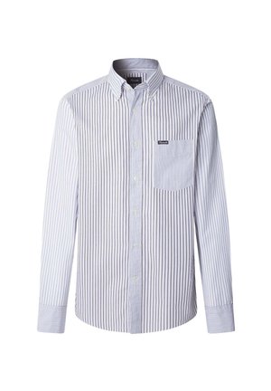 Camisa de botones con rayas verticales azules y blancas, mangas largas, cuello puntiagudo y un bolsillo en el pecho. Fabricada con tela suave.