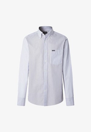 Knoopshirt met verticale blauwe en witte strepen, lange mouwen, puntige kraag en een borstzak. Gemaakt van zachte stof.