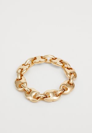 Gold-colored link bracelet featuring smooth, rounded chain links with alternating designs and a small logo accent on one link.