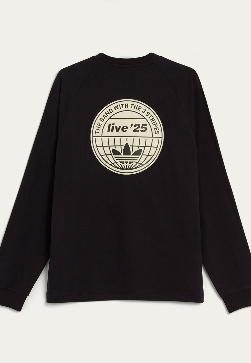 Black sweatshirt with long sleeves. Features a large cream graphic on the back with a globe design and the text "live'25." Soft fabric texture.