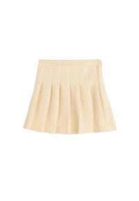 Falda plisada en beige claro, con una cinturilla ajustada y un dobladillo acampanado. Hecha de una tela texturizada con pliegues verticales.
