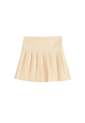 Gonna plissettata in beige chiaro, con vita aderente e orlo svasato. Realizzata in tessuto testurizzato con pieghe verticali.