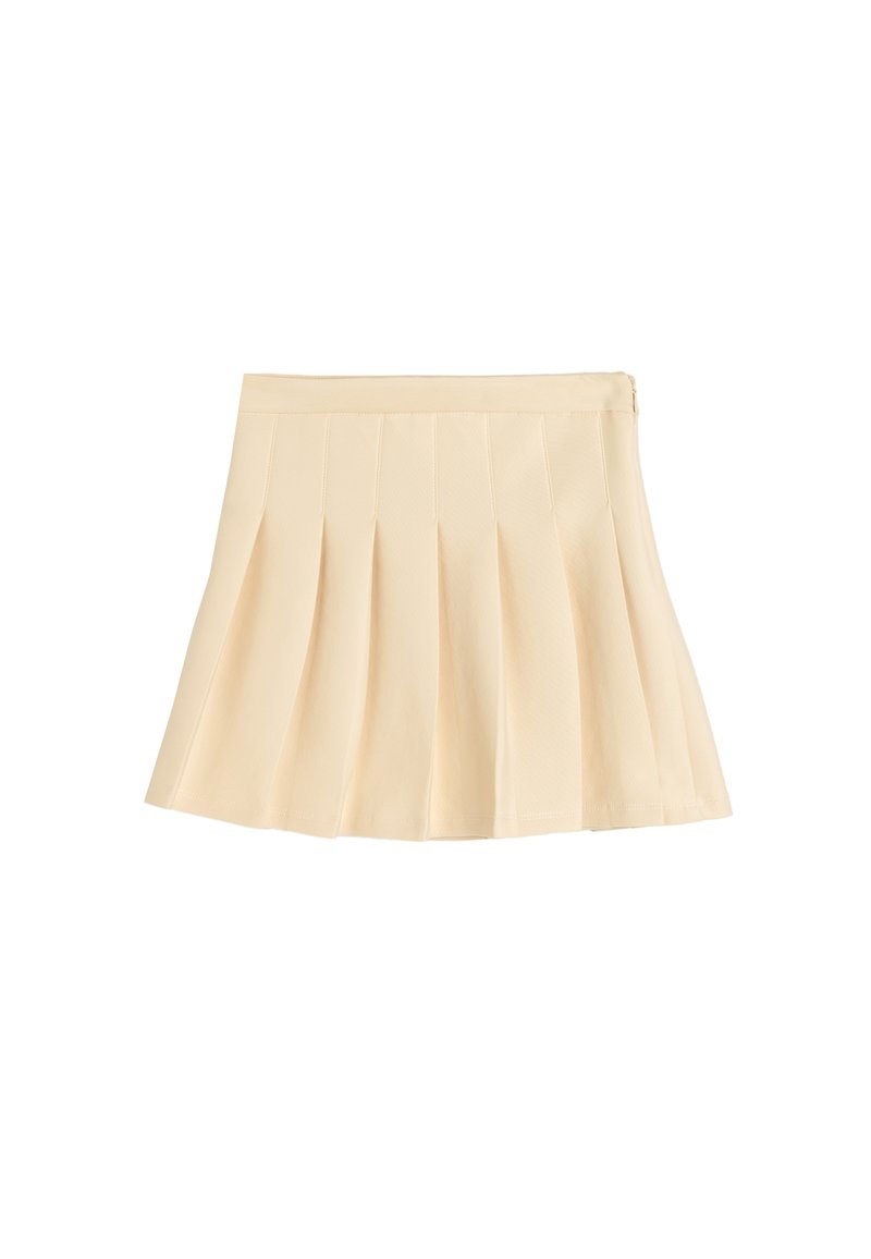 Falda plisada en beige claro, con una cinturilla ajustada y un dobladillo acampanado. Hecha de una tela texturizada con pliegues verticales.