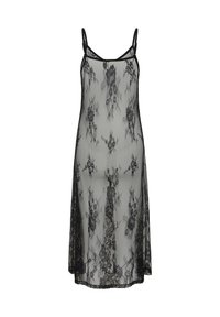 Schwarzes Spitzen-Negligee mit dünnen Trägern, versehen mit floralen Mustern und einem offenen Design. Der Stoff ist durchsichtig und verleiht einen zarten, leicht wirkenden Eindruck.