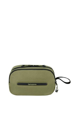 Olivgrünes Samsonite Kulturbeutel mit zwei Reißverschlussfächern und einem schwarzen Handgelenkriemen auf weißem Hintergrund.