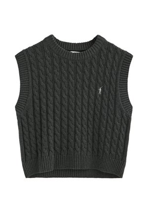 Donkergrijze mouwloze gebreide trui met een kabelpatroon, geribbelde ronde halslijn en zoom, met een klein logo-accent in het midden.