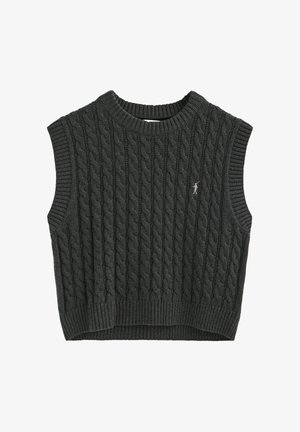 Donkergrijze mouwloze gebreide trui met een kabelpatroon, geribbelde ronde halslijn en zoom, met een klein logo-accent in het midden.