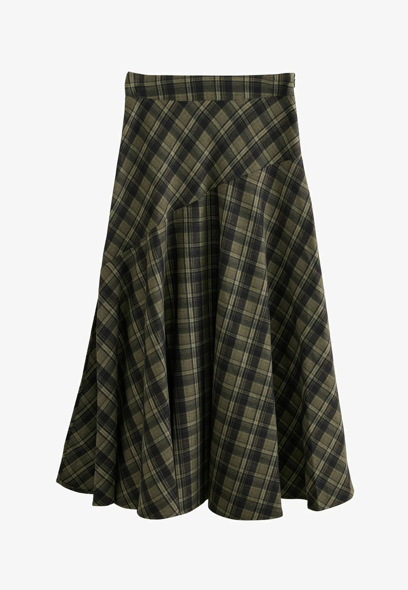 Flared midi skirt with an asymmetrical design in green and black plaid pattern.