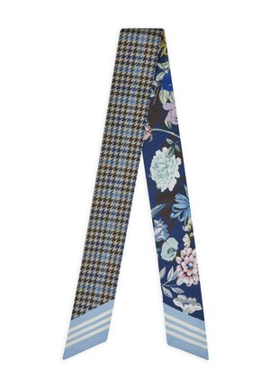 Smalle sjaal met een blauw en bruin pied-de-poule patroon aan de ene kant en een blauw bloemenpatroon aan de andere, beide eindigend met lichtblauwe strepen.