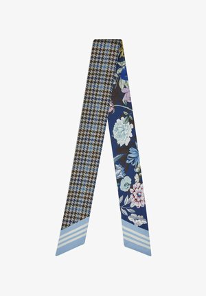 Smalle sjaal met een blauw en bruin pied-de-poule patroon aan de ene kant en een blauw bloemenpatroon aan de andere, beide eindigend met lichtblauwe strepen.