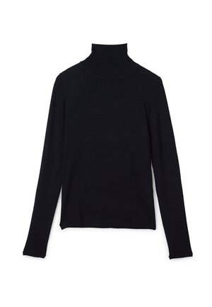 Haut noir à manches longues et col roulé avec manches ajustées et un design fin et uni sur fond blanc.