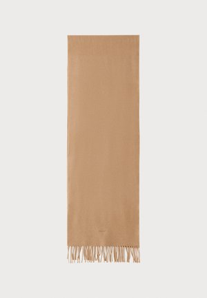 Myk, beige skjerf laget av et strukturert materiale, med frynser i endene og rektangulær form. Subtil merking på den ene siden.