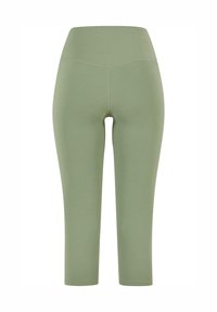 Lichtgroene capri-legging gemaakt van rekbaar materiaal met een hoge tailleband en flatlock naden voor comfort en duurzaamheid.
