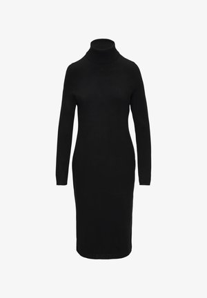 Schwarzes enganliegendes Kleid mit Rollkragen, knielang, langärmlig, glatte Textur, gerippter Kragen, minimalistischer Stil ohne Muster.