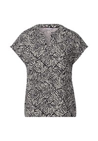 Maglietta a maniche corte con un motivo a zigzag bianco e nero, con scollatura a V, realizzata in tessuto leggero per garantire traspirabilità.