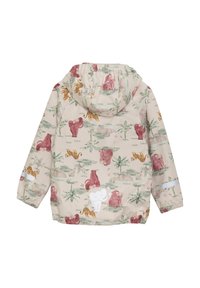Giacca impermeabile leggera color beige con un vivace motivo animale, dotata di polsini elasticizzati, cappuccio e vita regolabile con cordino.