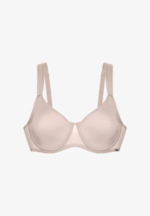 Béžová vystužená podprsenka s hladkou látkou, nastaviteľnými ramienkami a bezšvovým dizajnom. Má jednoduchý tvar bez vzorov a ozdôb.