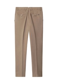 Chinos beige de corte recto, con un frente liso, dos bolsillos traseros con botones y una suave tela de mezcla de algodón.