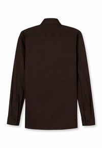 Bruin shirt met lange mouwen, een klassieke kraag, knoopmanchetten en een gladde, gestructureerde stof. Geen zichtbare patronen of versieringen.