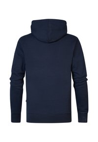 Granatowa bluza z kapturem, materiał bawełniany, ściągacze na mankietach i dolnym brzegu, regulowany kaptur ze sznurkiem, gładki tył bez zdobień i wzorów.
