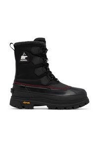 Bottes d'hiver noires imperméables avec une tige en tissu texturé, une semelle en caoutchouc, des surpiqûres rouges et un patch logo sur le côté. Marque Vibram visible.