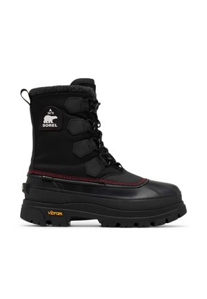 Bottes d'hiver noires imperméables avec une tige en tissu texturé, une semelle en caoutchouc, des surpiqûres rouges et un patch logo sur le côté. Marque Vibram visible.