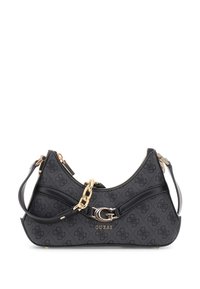 Borsa a spalla nera realizzata in materiale testurizzato, con accentuazione di catena dorata, chiusura con zip e un logo impresso in evidenza.