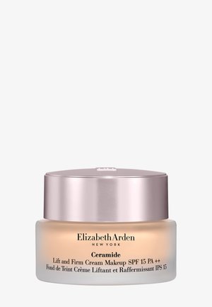 Ceramid-Creme-Make-up-Glas mit mattiertem Glasboden und glänzendem, metallischem roségoldenem Deckel; gekennzeichnet mit SPF 15 PA++; klar mit einer glatten Textur.