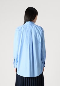 Light blue button-up shirt with long sleeves, back pleat, and rounded hemline. Soft fabric with a smooth texture.