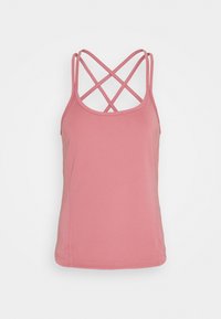 Rosa linne gjort av slät tyg med korsade axelremmar bak och rak fåll. Enkelt design utan mönster.