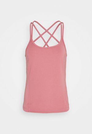 Vaaleanpunainen hihaton paita, joka on valmistettu sileästä kankaasta ja jossa on ristikkäiset hihnat takana sekä suora helma. Yksinkertainen muotoilu ilman kuvioita.