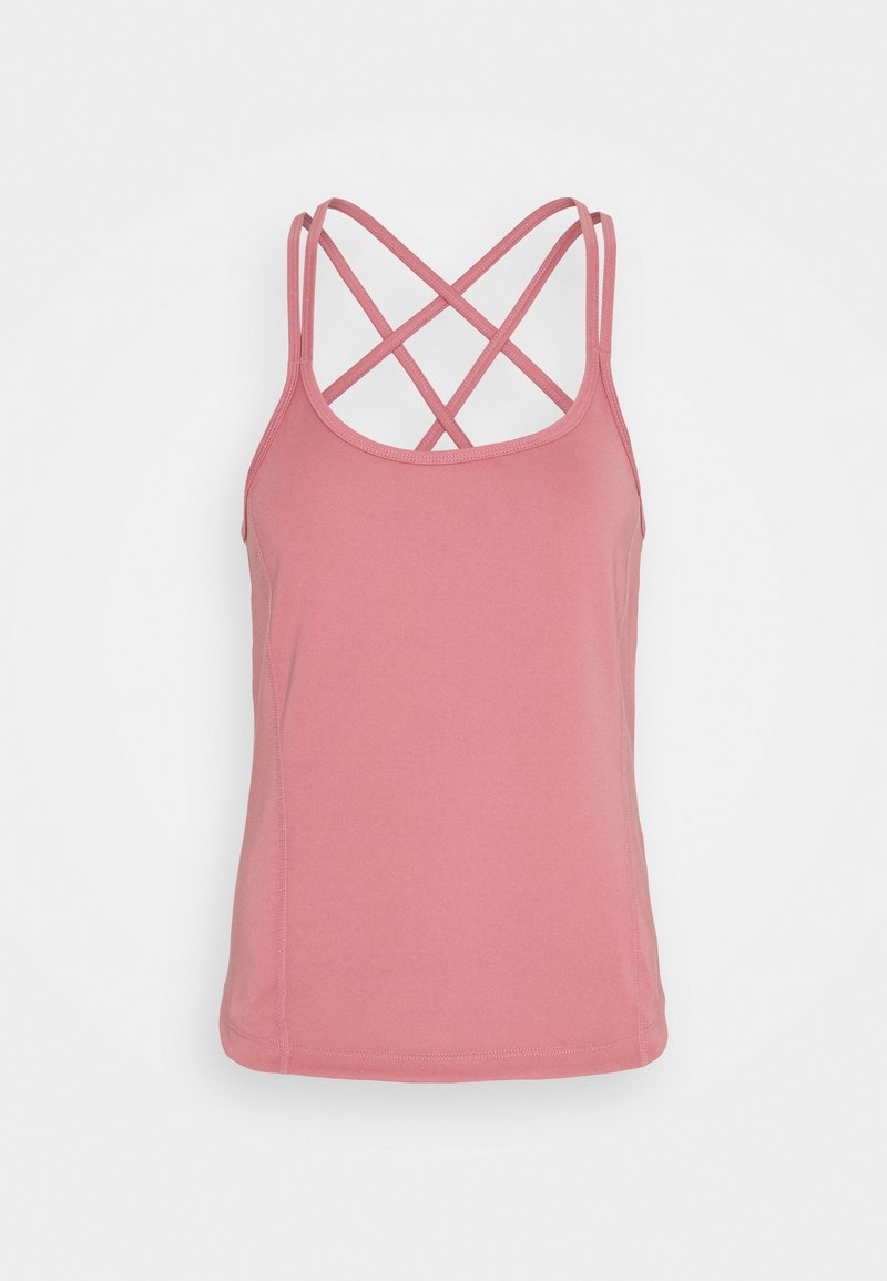 Rosa linne gjort av slät tyg med korsade axelremmar bak och rak fåll. Enkelt design utan mönster.